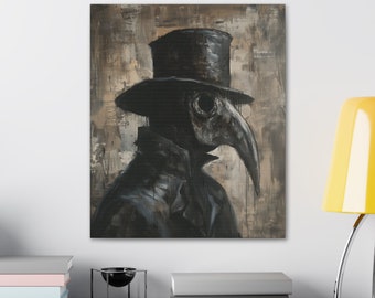 May include: A painting of a person wearing a black plague doctor mask and hat. The background is a textured brown and beige color.