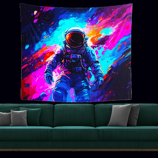 Astronaut Fluorescent Tapestry, Black Light Tapestry, Neon Astronaut Space Tapestry, UV Reactive Tapestry, Uv Tapestry, Uv Backdrop