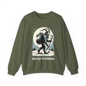 Merry Krampus Sweatshirt: Gothic Horror Christmas Sweater Military Green
