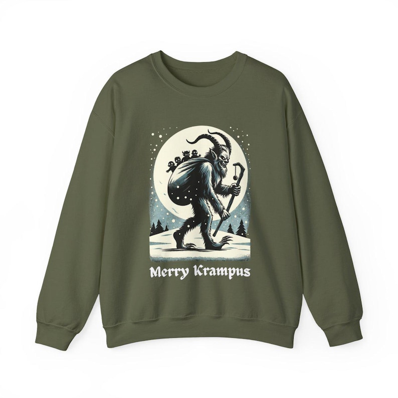 Merry Krampus Sweatshirt: Gothic Horror Christmas Sweater Military Green