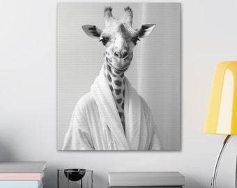 Giraffe in Bathrobe Canvas Art: Modern Farmhouse Bathroom Decor