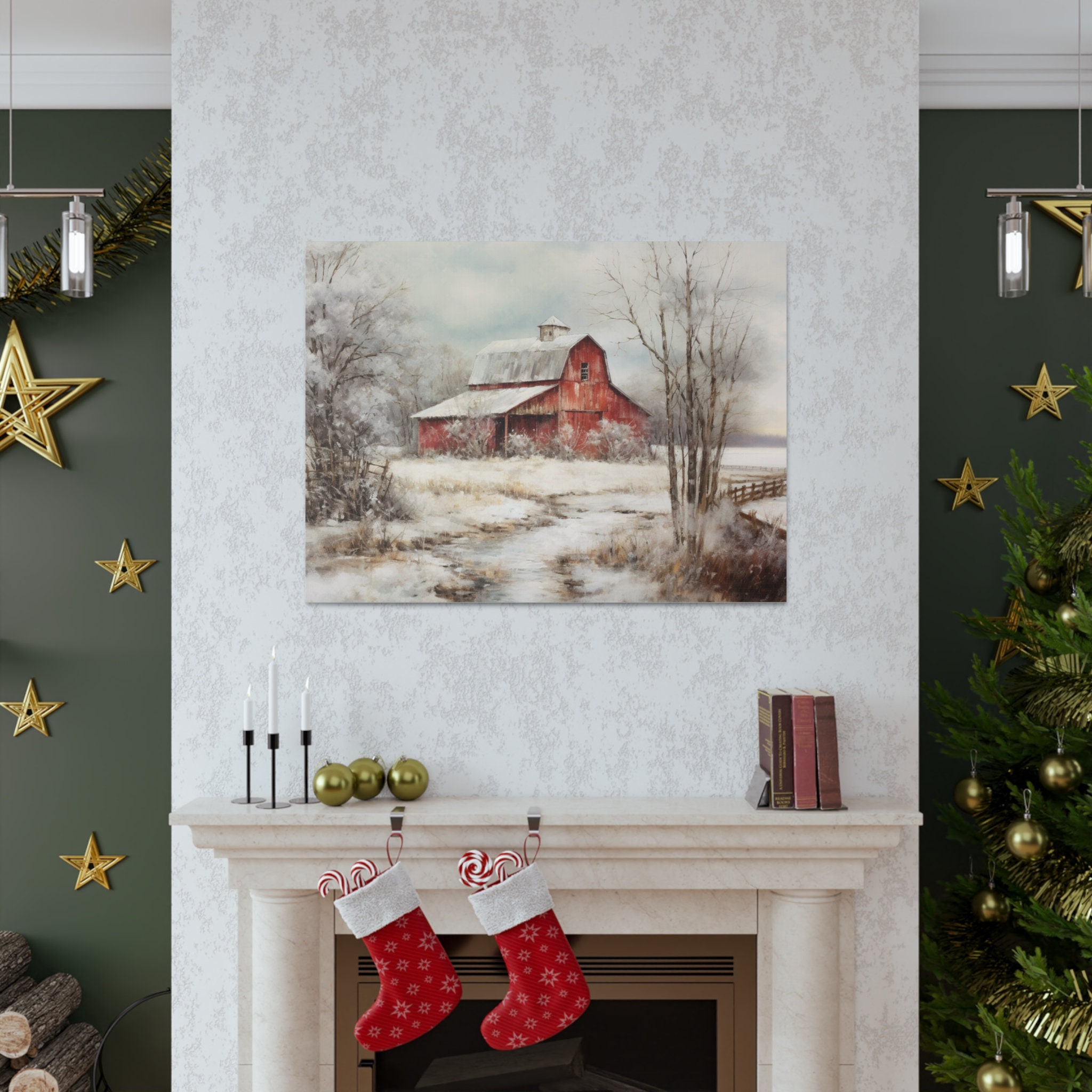 Red Barn Winter Canvas Art: Farmhouse Christmas Decor - Etsy
