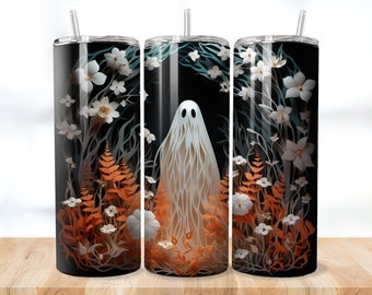 May include: Three stainless steel tumblers with a black background and a white ghost figure in the centre. The background features a design of white flowers and orange leaves.
