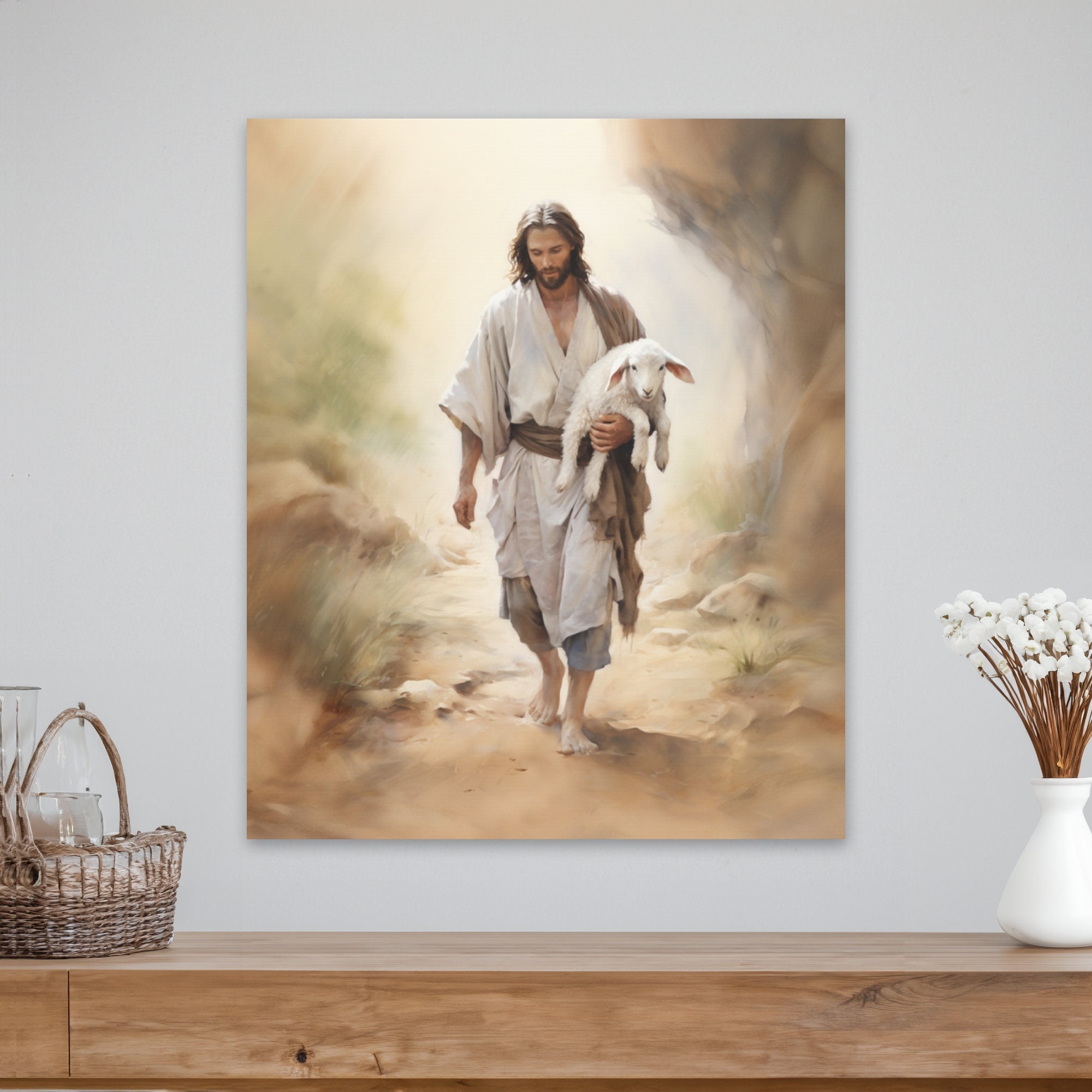 Jesús caminando con un cordero: lienzo de arte bíblico, listo para colgar
