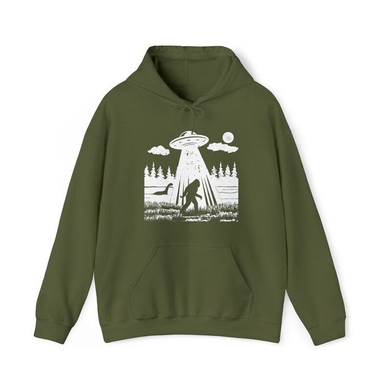 Bigfoot Lochness UFO Hoodie: Sasquatch Alien Sweatshirt Military Green