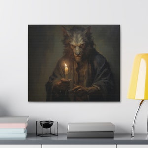 Werewolf with Candle Canvas, Halloween Decor, Gothic Art, Dark Academia, Haunting Werewolf Print, Vintage Oil Painting, Monster Print