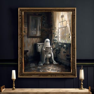 Ghost on Toilet Print, Ghost Print, Dark Academia, Ghost Painting, Gothic Painting, Halloween Art, Victorian Wall Art, Halloween Decor