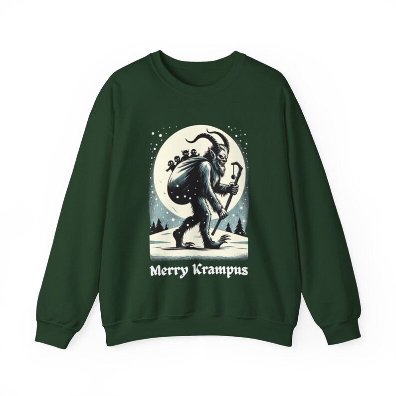 Merry Krampus Sweatshirt: Gothic Horror Christmas Sweater Forest Green