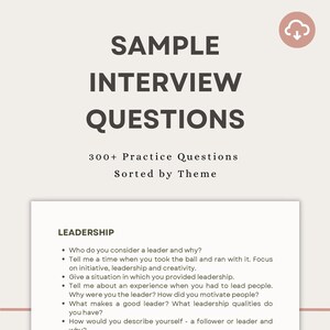 Peut inclure: Une feuille de papier blanche avec un en-tête gris qui indique "SAMPLE INTERVIEW QUESTIONS". Sous l'en-tête, une section intitulée "LEADERSHIP" avec une liste de questions d'entretien liées au leadership.