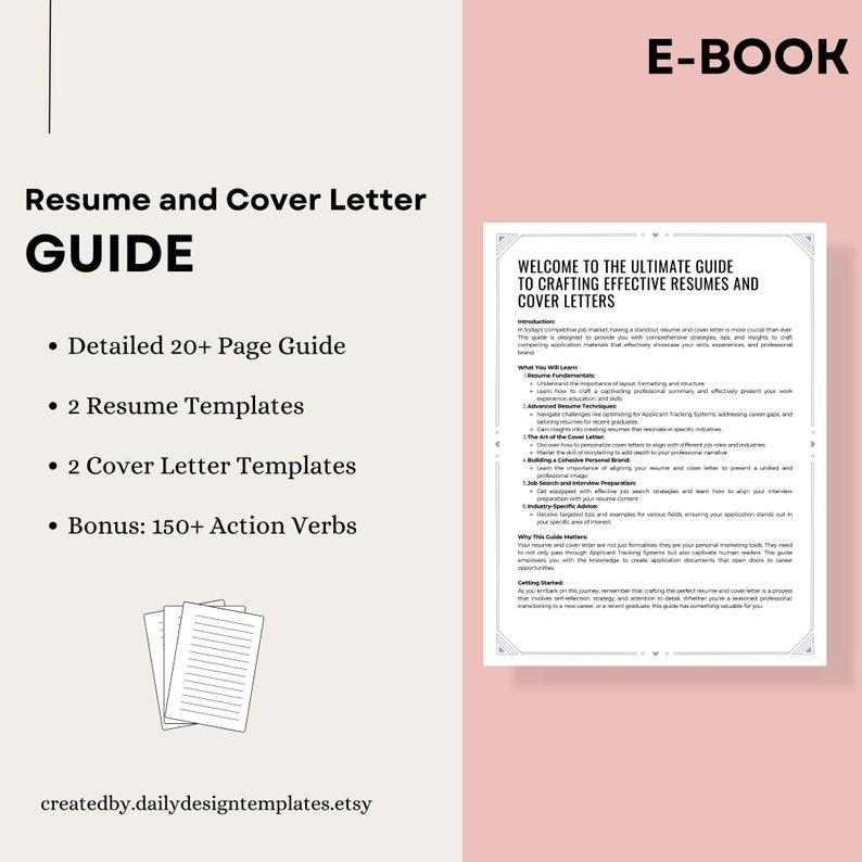 Resume & Cover Letter Template and Guide + 150 Action Verbs [instant ...
