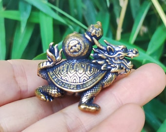 Brass Copper Feng Shui Dragon Turtle Divine Beast Luck Sculpture Tank decor Tea Pet Figurine Animal tortoise longevity turtle Antique FS500