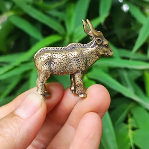 Puede incluir: Una pequeña y detallada figura de latón de un antílope. La escultura es de un cálido color oro antiguo, con textura visible y finos detalles. El antílope está de pie con la cabeza ligeramente girada, mostrando sus cuernos y delgadas patas. El fondo es follaje verde borroso.