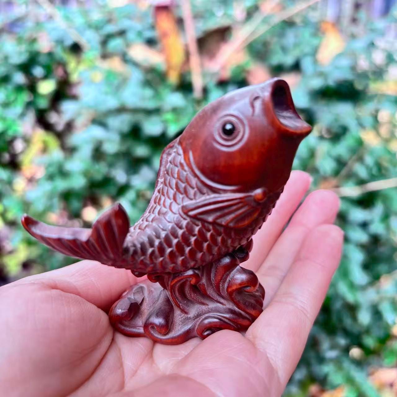 Redwood Carved Koi Fish Ornament Handmade Wooden Feng Shui