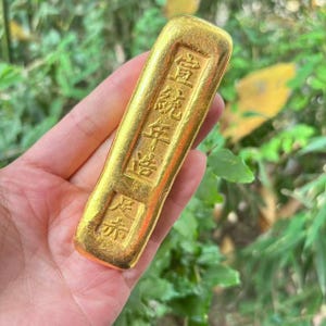 May include: A rectangular gold bar with embossed Chinese characters. The bar is held in a hand against a backdrop of green foliage. The gold bar has a slightly worn appearance.