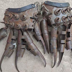 Pu&ograve; includere: Un paio di artigli di metallo arrugginito con lame affilate e curve e nocche a spillo. Gli artigli sono collegati a un guanto di metallo con rivetti e un cinturino in pelle. Il design suggerisce un tema medievale o fantasy.