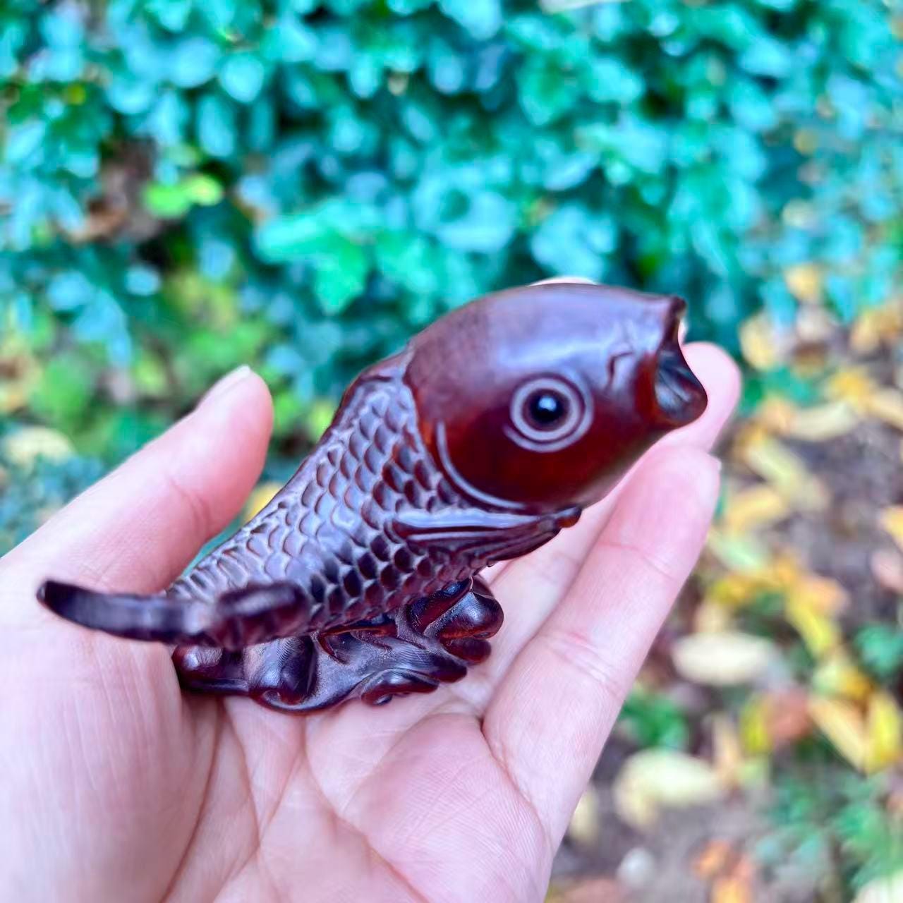 Redwood Carved Koi Fish Ornament Handmade Wooden Feng Shui