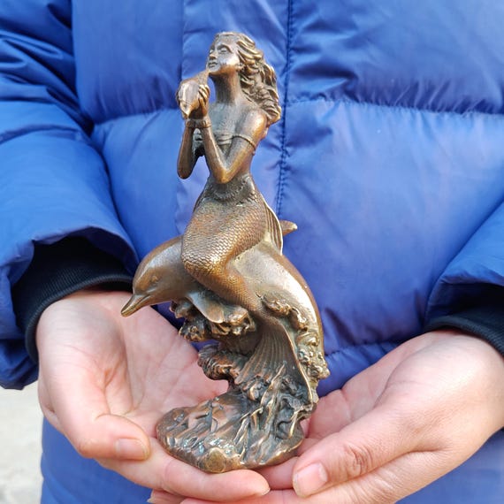 Dolphin With a Mermaid Swimmingstatue, Copper Mermaid Statue