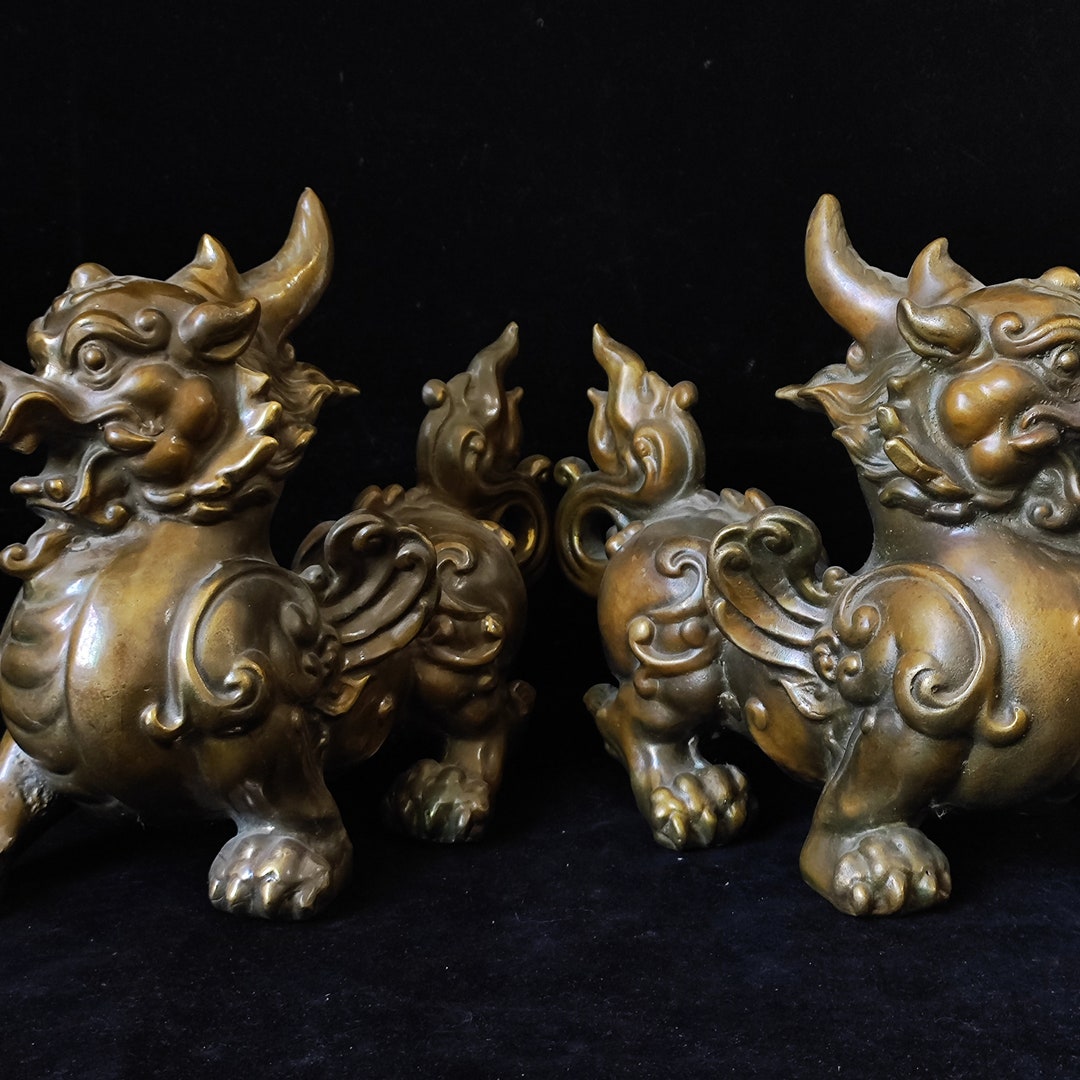 Pair Wealth Pixiu Statue Feng Shui Decor Kirin Pi Yao, Copper Qilin ...
