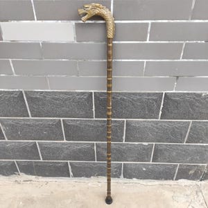 May include: A wooden walking stick featuring a dragon head handle. The handle is gold-coloured and detailed, while the shaft is brown with decorative rings. The stick has a black rubber tip for stability.