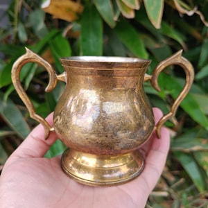 Puede incluir: Una pequeña taza de latón antiguo con dos asas ornamentadas. La taza tiene un cuerpo redondeado y una base de pedestal. El latón tiene un aspecto deslustrado y envejecido. El fondo es follaje verde borroso.
