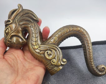 Antique Copper Dragon Play Beeds Head Handle For Wooden Walking Stick Cane Gift, Vintage Dragon Loong Beast Crutch Cane Head Grandpa Lucky 1