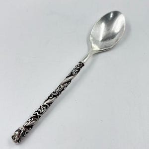 Può includere: Un cucchiaio d'argento con un manico ornato. La coppetta del cucchiaio è di forma ovale e lucidata. Il manico presenta un design dettagliato e a spirale con accenti scuri e un'estremità decorativa. Il cucchiaio viene probabilmente utilizzato per servire o mangiare.