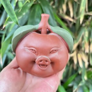 Puede incluir: Una escultura de cerámica en forma de cerdo de color terracota con un acento verde en forma de hoja. El cerdo tiene una expresión sonriente, con los ojos cerrados y un pequeño hocico hacia arriba. La escultura se sostiene en una mano sobre un fondo de follaje verde.