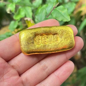 May include: A gold bar with embossed Chinese characters, held in a hand. The bar is rectangular with rounded edges and a shiny surface. The background shows green leaves. The bar's dimensions are not visible.