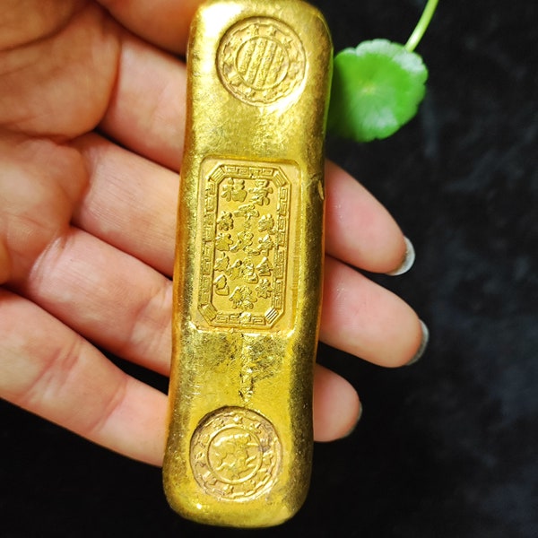 Get 1 pic Traditoinal Gold Color Copper Material Paperweight Oriental Mystery Old Vintage style Ingot Golden Brick replica Party Decoration