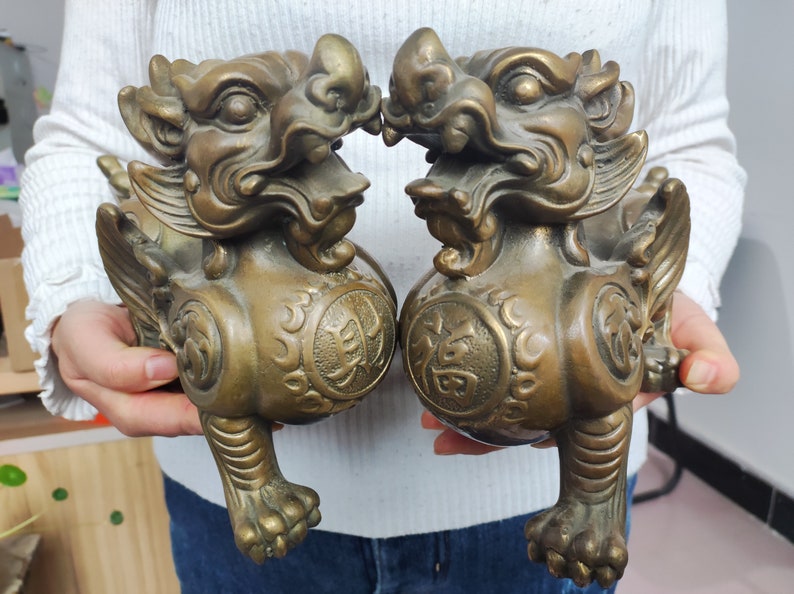 Pair Wealth Pixiu Statue Feng Shui Decor Kirin Pi Yao, Copper Kylin ...