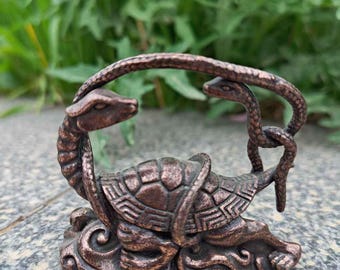 Exquisite Old Copper Gilt Feng Shui Dragon Turtle Divine Beast Lucky Sculpture Tank decor Tea Pet Figurine Animal tortoise longevity turtle