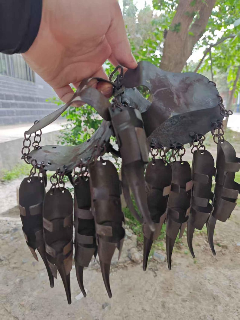 Pu&ograve; includere: Una scultura artigianale a forma di artiglio in metallo scuro. Il pezzo presenta un elemento centrale a forma di scudo collegato a pi&ugrave; segmenti a forma di artiglio tramite catene. Il metallo ha un aspetto invecchiato, che suggerisce un'estetica antica o rustica.