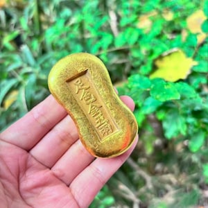 May include: A gold ingot with Chinese characters embossed on its surface. The ingot has a rounded, oblong shape with a rectangular indentation at the top. The background is blurred green foliage.