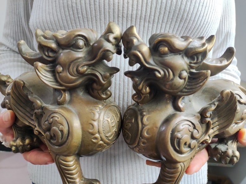 Pair Wealth Pixiu Statue Feng Shui Decor Kirin Pi Yao, Copper Kylin ...