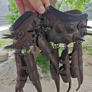 Pu&ograve; includere: Un paio di artigli per dita antichi in metallo, tenuti in mano. Gli artigli sono in metallo arrugginito, con punte affilate e ricurve. Il design include un braccialetto a punte e coperture individuali per le dita, collegate da catene.