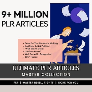 Könnte beinhalten: Eine digitale Illustration einer Person, die an einer Schreibmaschine tippt, während Papiere um sie herum fliegen. Der Text lautet "9+ MILLIONEN PLR-ARTIKEL ULTIMATIVE PLR-ARTIKEL MASTER COLLECTION PLR | MASTER RESELL RIGHTS | FÜR SIE GEMACHT".