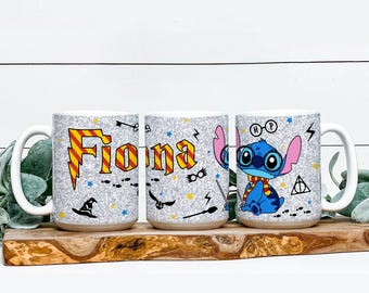 Gepersonaliseerde keramische Stitch Wizard-mok, magische koffiekop met naam, blauwe Alien Dog-mok van 11 oz 15 oz