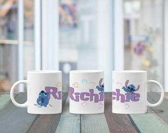 Keramische mok met gepersonaliseerde steek, leuke cartoonkoffiekop met naam, blauwe Alien-mok van 11 oz 15 oz