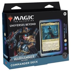 May include: A Magic: The Gathering Universes Beyond Warhammer 40,000 Commander Deck box titled Forces of the Imperium. The black packaging features an illustration of Inquisitor Greyfax and displays the Inquisitor Greyfax trading card inside.