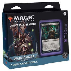 May include: A Magic: The Gathering Universes Beyond Warhammer 40,000 Necron Dynasties Commander Deck box. The black packaging features a metallic skeletal figure, the text Szarekh, the Silent King on a visible card, and a 13+ age rating icon.