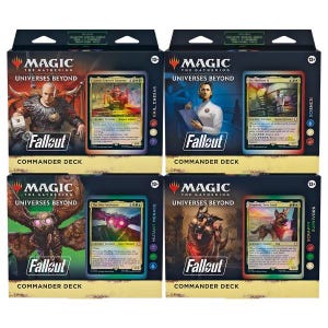 Peut inclure: Quatre boîtes de jeu Magic: The Gathering Universes Beyond Fallout Commander Deck. Chaque boîte présente des illustrations de personnages, le logo Fallout et une fenêtre affichant une carte de créature légendaire : Caesar, Dr. Madison Li, The Wise Mothman ou Dogmeat.
