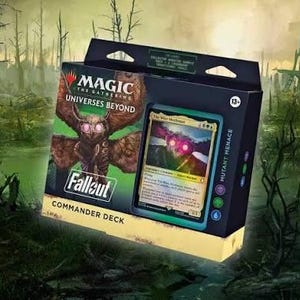 May include: A Magic The Gathering Universes Beyond Fallout Commander Deck box titled Mutant Menace. The black packaging features a brown moth illustration, the Fallout logo, and a display window showing The Wise Mothman legendary creature card.