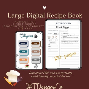 Libro di ricette Kindle Scribe - Grande; Digitale per Goodnote, Notability, IPad; Libro di cucina/pasticceria; Oltre 130 pagine, pagine/sezioni con collegamenti ipertestuali; PDF