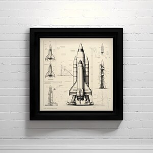 May include: A black and white illustration of a space shuttle with detailed diagrams of its design and construction. The illustration is framed in a black frame and hangs on a white brick wall. The text "LEON WITHIN CREATIONS" is at the bottom of the illustration.