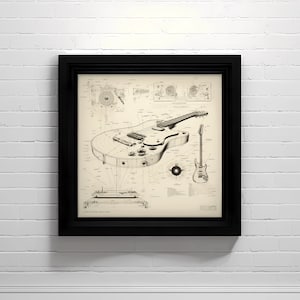 May include: A black and white line drawing of a guitar with detailed instructions on how to assemble it. The drawing is framed in a black frame and hanging on a white brick wall. The text at the bottom of the drawing reads "LOCK WITHIN CREATIONS".