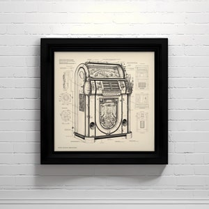 Peut inclure: Un dessin au trait noir et blanc d'un juke-box vintage avec des détails complexes. Le dessin montre le fonctionnement interne du juke-box, y compris le tourne-disque, les haut-parleurs et le mécanisme de pièces. Le dessin est encadré d'un cadre noir et porte le titre "LOOK WITHIN CREATIONS".