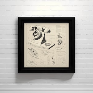 May include: A black and white line drawing of a vintage rotary phone with detailed exploded diagrams of its components. The drawing is framed in a black frame and hung on a white brick wall. The text "LOOK WITHIN CREATIONS" is at the bottom of the drawing.