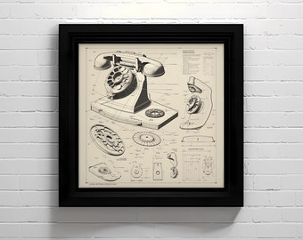 Vintage Rotary Phone Blueprint Art | Retro Tech Decor (Digital Download)