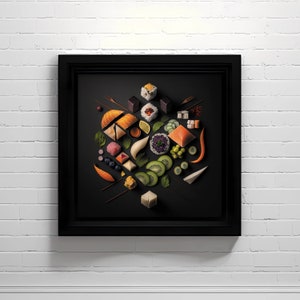 May include: A black framed picture with a black background featuring a variety of sushi and other Japanese food items arranged in a geometric pattern. The food items include salmon, tuna, avocado, and kiwi.