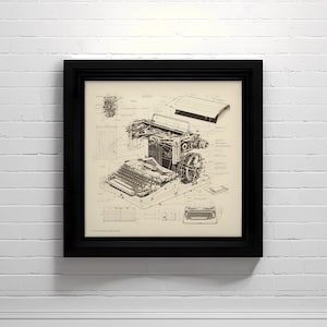 May include: A black and white illustration of a vintage typewriter exploded into its component parts. The illustration is framed in a black frame and has the text "LOCK WITHIN CREATIONS" at the bottom.